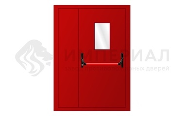 Дверь противопожарная полуторная красная EI-60 с остеклением и антипаникой