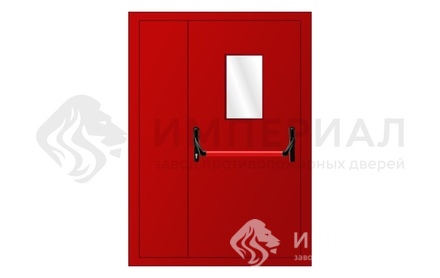 Дверь противопожарная полуторная красная EI-60 с остеклением и антипаникой